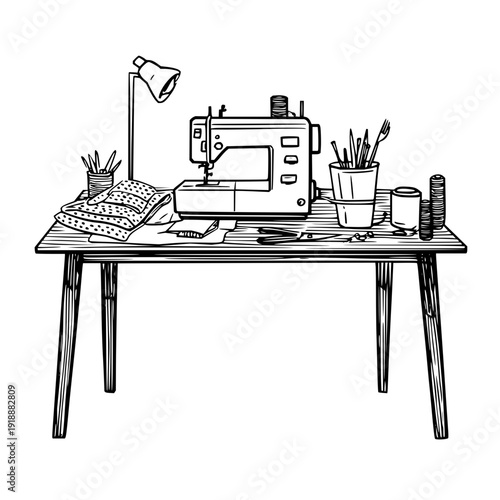Sewing Machine on Desk with Office Supplies