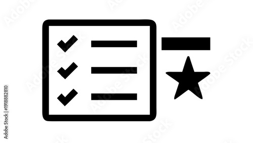 Simple black icon of a checklist with a star symbol beside it, representing task completion and approval, on a plain background, viewed from directly above
