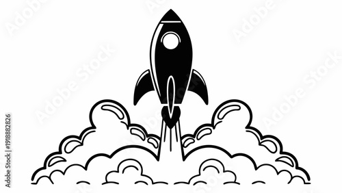 A black rocket soars upwards through the clouds, viewed from below, in a simple illustration.