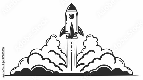 A rocket launches into the sky with smoke and flames, viewed from the ground, illustration style.