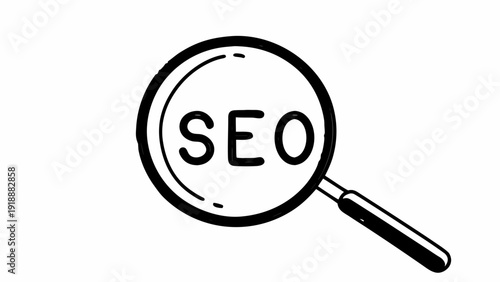 Magnifying glass focusing on SEO text in a simple illustration