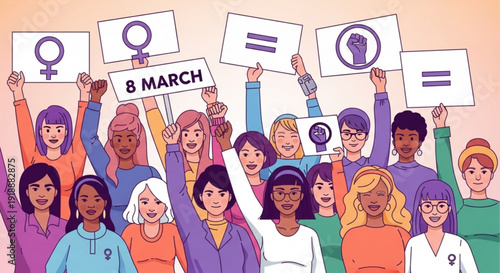 Diverse group of women holding signs for gender equality on international women's day 8 march protesting for feminism and human rights with raised fists and purple symbols