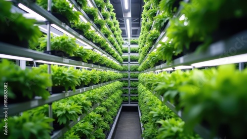 Vertical farming tower: LED grow lights illuminating stacked crops, hydroponic nutrients flowing, urban agriculture innovation