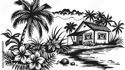 Black and white tropical scene with a house palm trees and flowers