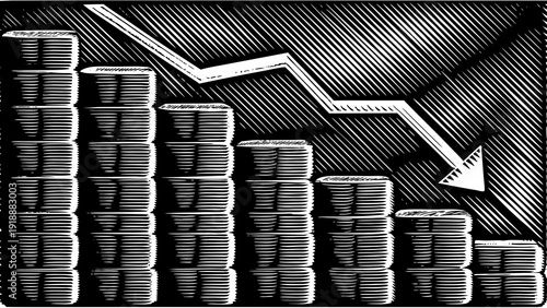 Stacks of coins decreasing with downward arrow indicating financial decline, recession, and economic instability