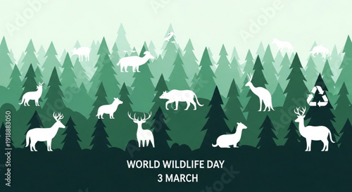 World wildlife day illustration with forest animals and trees on march 3rd eco friendly background