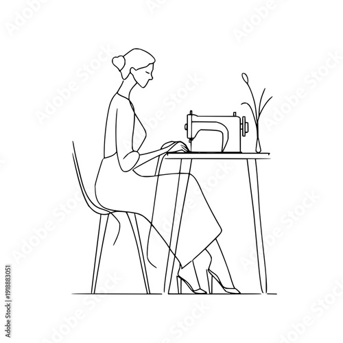 Woman Sewing on Vintage Machine at Desk