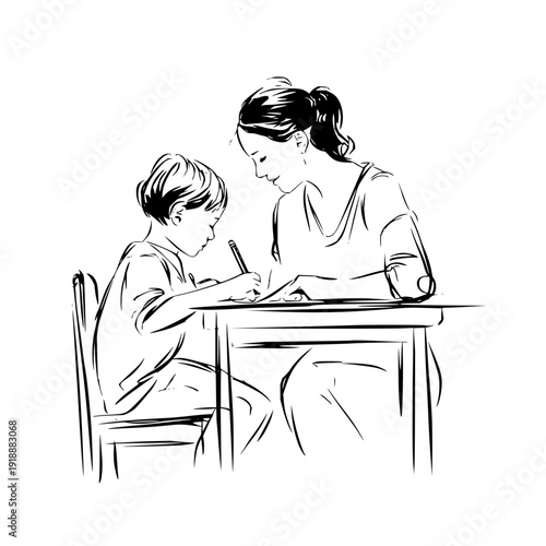 Woman Tutoring Young Boy Writing on Paper at Desk