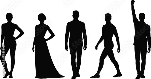 People silhouette set with man and woman in different standing poses, fashion models and casual characters collection, black vector illustration isolated on white background.