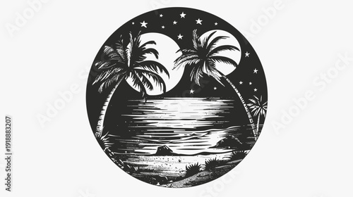 Nighttime beach scene with palm trees ocean and stars in a circular design