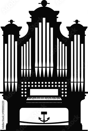 Pipe organ silhouette illustration with church musical instrument design, vintage cathedral organ icon, black vector artwork isolated on white background.