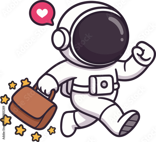 A whimsical astronaut joyfully carrying a briefcase, merging the wonder of space exploration with a playful take on professionalism in an imaginative and light-hearted design.