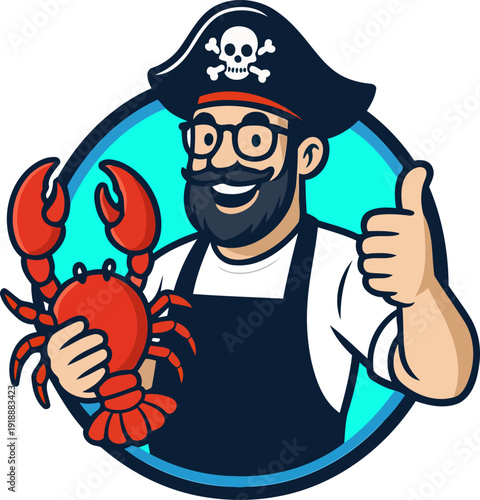 This fun illustration depicts a friendly pirate chef holding a lobster, complete with a pirate hat and glasses, giving a thumbs-up while wearing a cheerful expression.