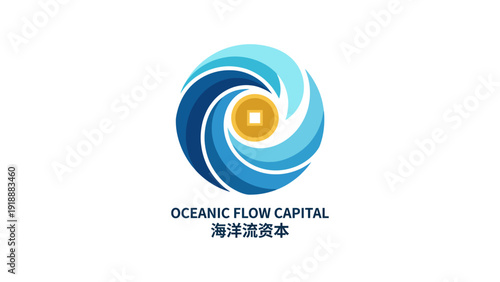 This image showcases a modern logo for Oceanic Flow Capital, featuring fluid shapes, blue tones, and a vibrant yellow center, symbolizing liquidity and growth in finance.