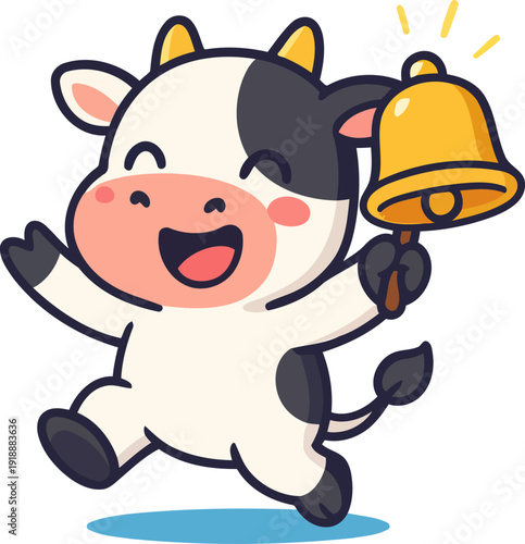 A lively illustration of a happy cartoon cow joyfully ringing a bell, showcasing its playful nature and charm, ideal for farm-themed merchandise or children's content.