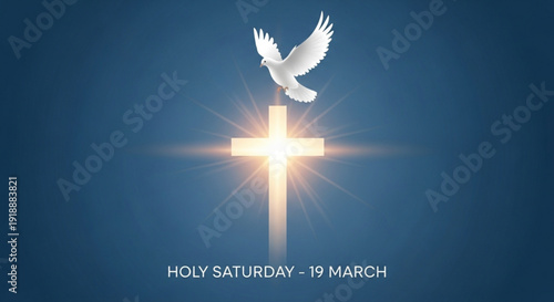 Holy saturday march 19 white dove flying above glowing cross on blue background with sunburst light