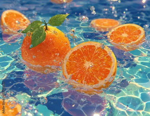 Fresh oranges with green leaves floating in clear blue water, sliced oranges partially submerged, bubbles rising in a vibrant aquatic setting
