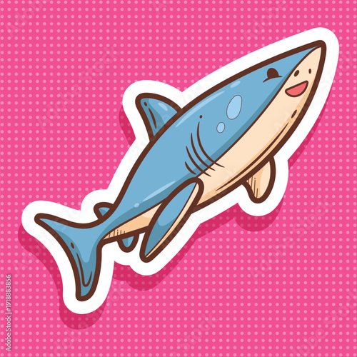 Cute Cartoon Shark Sticker on Pop Art Background Vector Art
