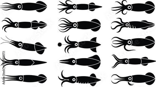 Squid silhouette set collection in different poses, marine cephalopod sea animal icon bundle, black isolated vector illustration for ocean wildlife design.