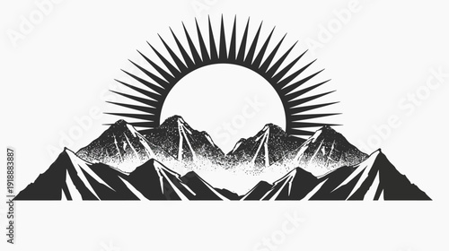 Mountain range silhouette with sunburst graphic for outdoor adventure concepts