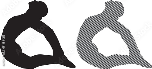 Silhouette set depicting a graceful figure in a deep backbend yoga pose showing flexibility and intense physical conditioning for artistic movement or meditation practices