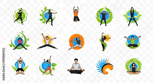 Diverse collection of people in motion and yoga poses with floral designs