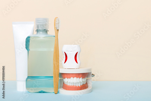Wallpaper Mural Mouthwash and other oral hygiene products on colored table top view with copy space. Flat lay. Dental hygiene. Oral care kit. Dentist concept Torontodigital.ca