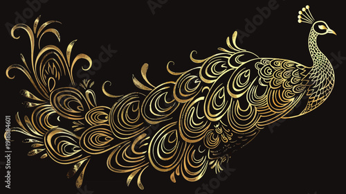 Elegant gold peacock illustration against a black background for design elements