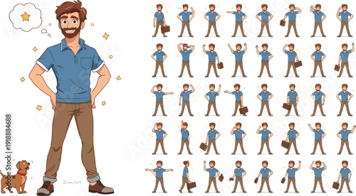 Anime style female office worker character sheet displaying various facial expressions full body view and separate assets for animation projects