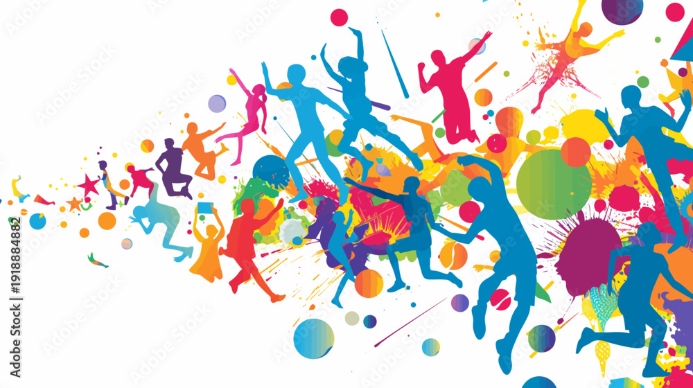 Fototapeta premium Colorful silhouettes of people in action against abstract background