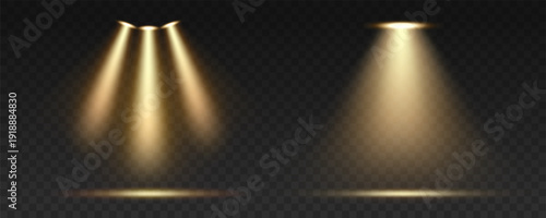 Spotlight, stage light, light sources. Glowing illuminated light effect. Vector