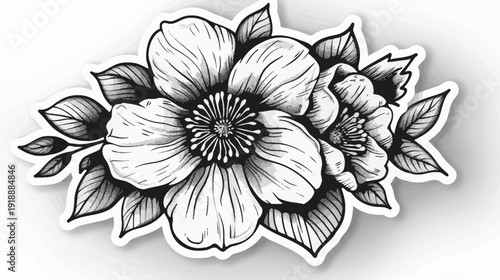 Black and white floral illustration with detailed petal and leaf design