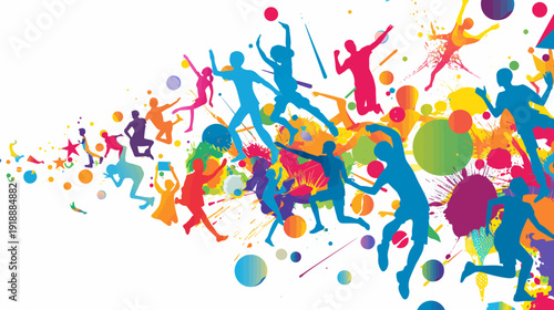 Colorful silhouettes of people in action against abstract background