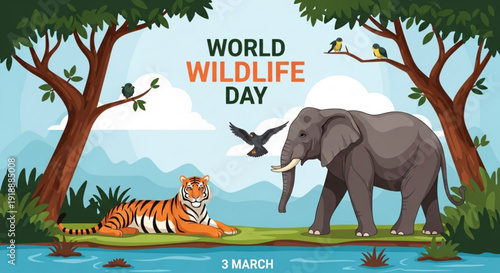 World wildlife day illustration with elephant tiger and birds in natural habitat