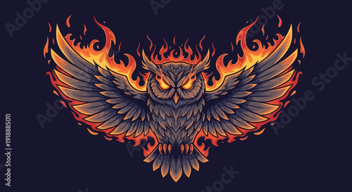 Fiery owl illustration with spread wings and flames on a dark background