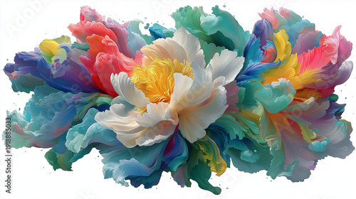 Vibrant Abstract Floral Burst with Flowing Paint Petals on White Background