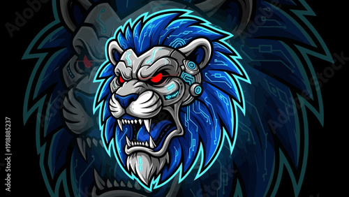 Bold digital lion head illustration with glowing blue details and aggressive expression