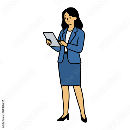 Professional Businesswoman Character in Blue Suit Using Tablet for Corporate Branding and Modern Female Leader Career Illustration Design
