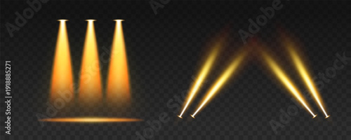 Spotlight, stage light, light sources. Glowing illuminated light effect. Vector