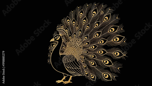 Elegant golden peacock illustration with detailed feathers on a black backdrop