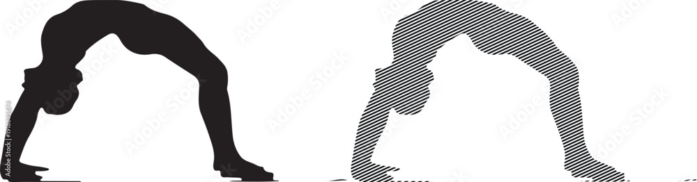 Obraz premium Silhouette and hatched vector graphic set depicting a female figure executing the challenging yoga wheel pose to promote flexibility and physical strength development