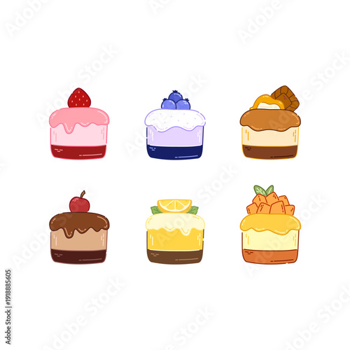 vector set of assorted mousse cakes with various glaze and toppings including strawberry, blueberry, cherry, chocolate, biscuit, caramel, mango mint, and citrus slice. 