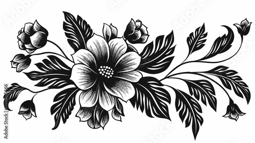 Elegant black and white floral design with detailed leaves and buds