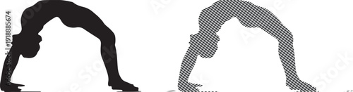Silhouette and hatched vector graphic set depicting a female figure executing the challenging yoga wheel pose to promote flexibility and physical strength development