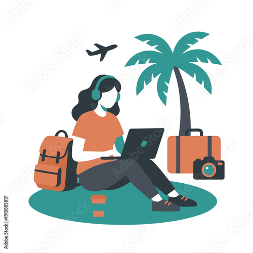 Digital nomad working on laptop with travel elements flat minimal vector illustration