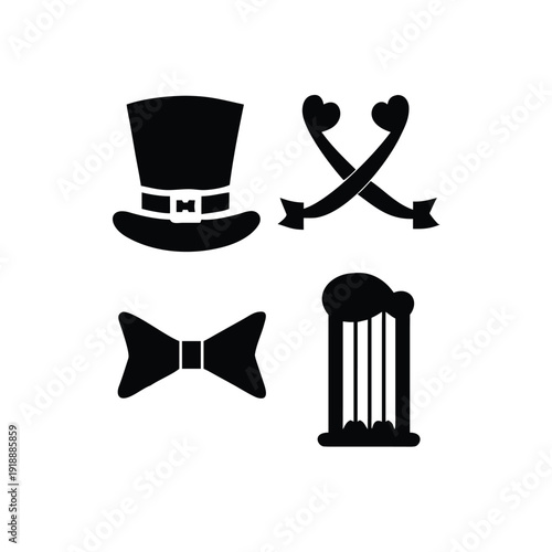 Vintage St Patricks Day icon set featuring harp bow tie and celebration items Vector illustration