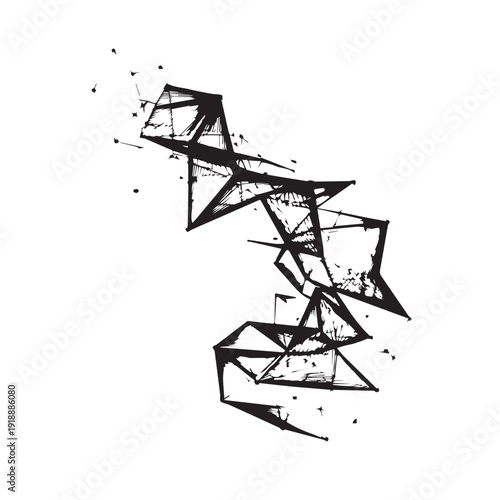 Abstract cluster of broken geometric shapes, angular fragments connected, ink splatter effect, artistic and deconstructed.