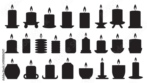 Candle Silhouettes in Various Shapes and Holders in Black Silhouette Style on White Background for Decoration