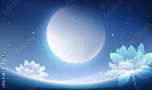 Horizontal version of the Mid-Autumn blessing illustration of the full moon at night