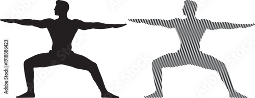 Silhouette and hatched outline of a muscular man holding a strong warrior two yoga pose showing balance strength and deep stretching technique in fitness or meditation practice